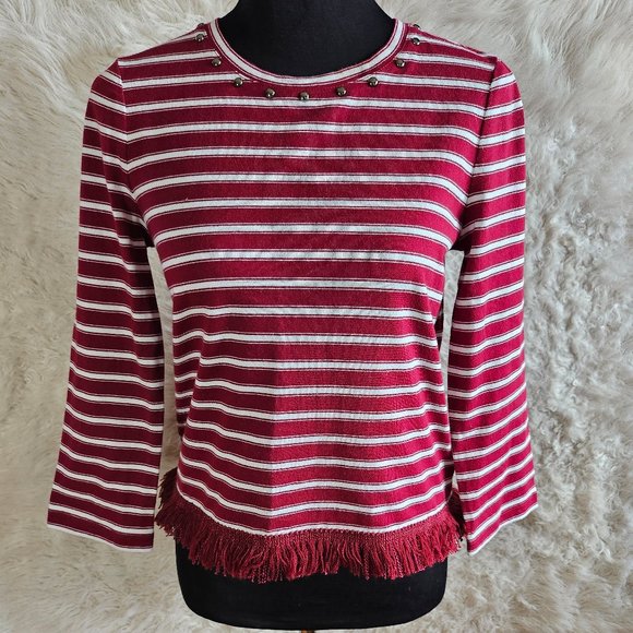 Kate Spade Women's Red Stripes Tassel Trim Crew Neck Long Sleeves Shirt Top XS - Picture 1 of 8